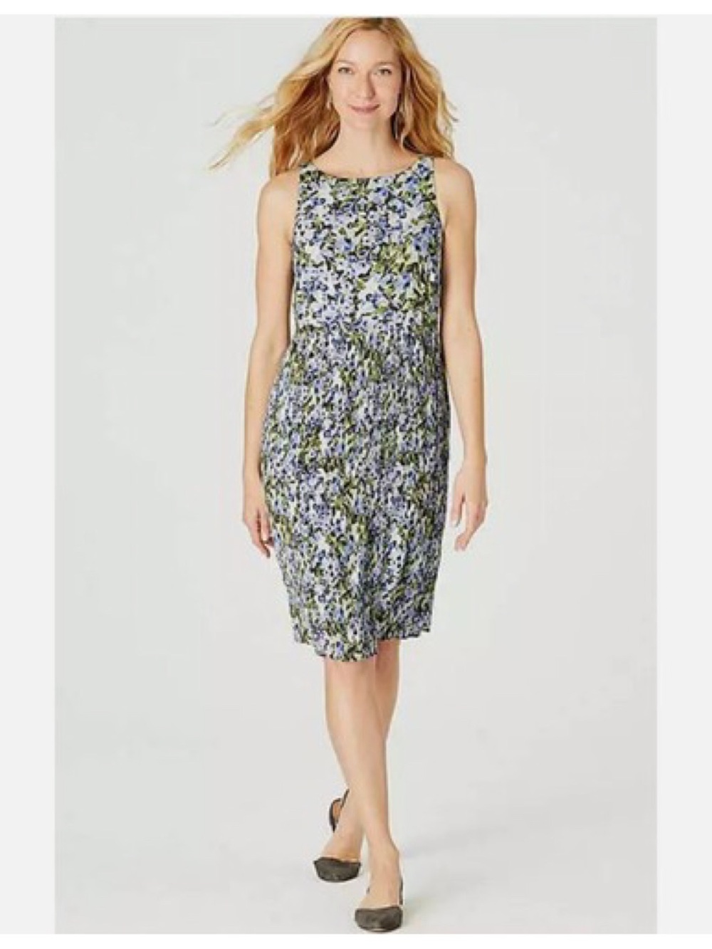 J. Jill Floral Pleated Granite Watery Bloom Midi Dress in Blue Multi Size XL NWT